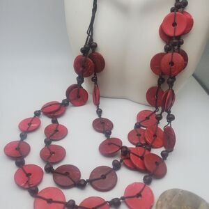 Red boho shell multi layered‎ necklace beach bohemian hippie